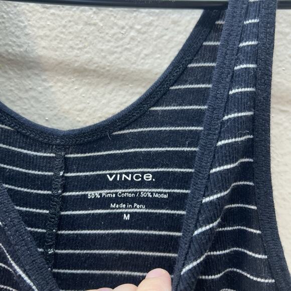 Vince Ribbed "The Favorite Tank" Pima Cotton Blend Top Navy Striped Minimalist - Picture 2 of 3
